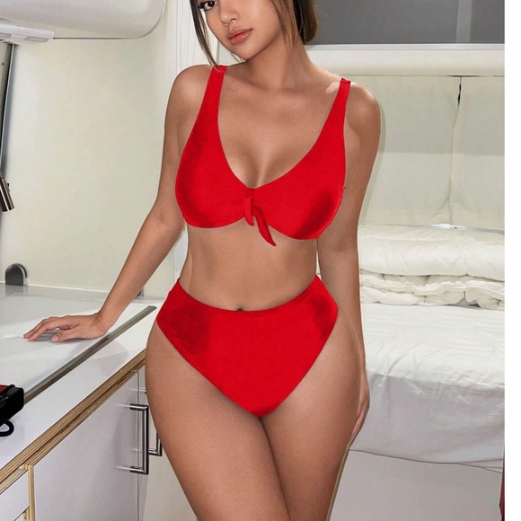 Red High Waisted Swim Beach Bikini - Picture 5 of 5